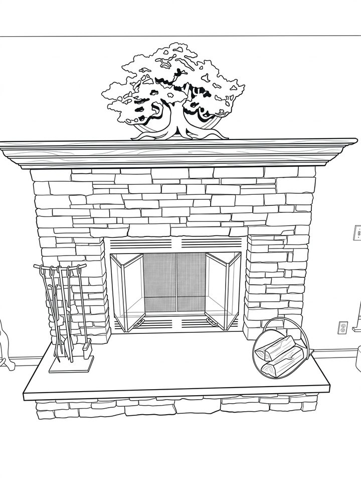Architect's line drawing of a fireplace with mantel and raised hearth