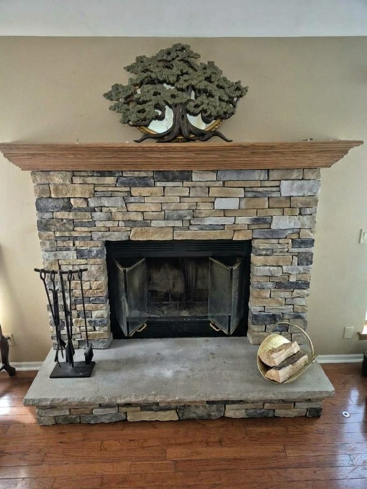 Finished fireplace in Sunset Mist Stackstone Engineered Stone